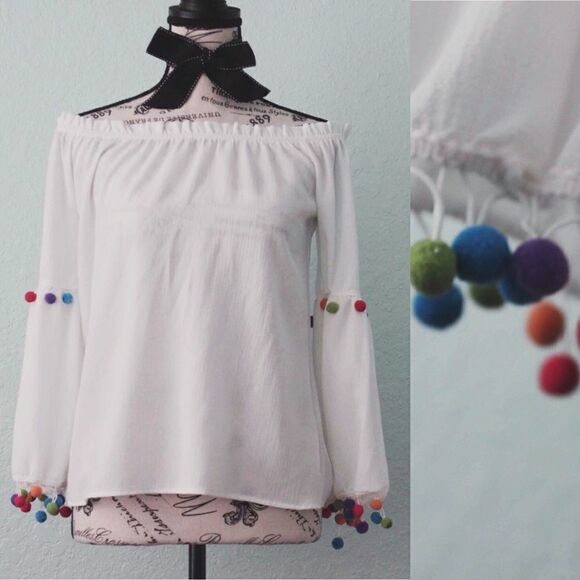 Nylon Apparel Off Shoulder Tops w/ Pompoms in S - Picture 3 of 8